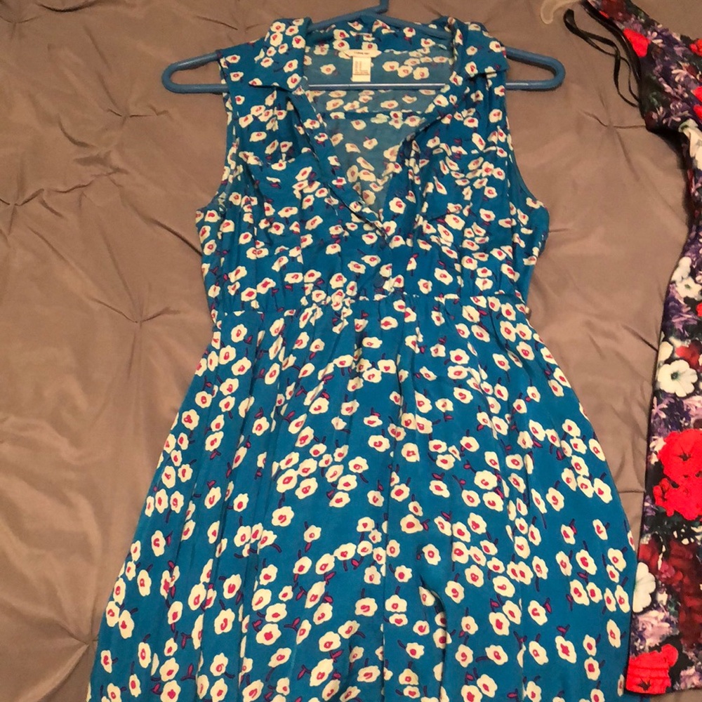 A blue pink and white flowered summer dress